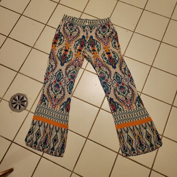 Zara Boho Patterned Lightweight Pants Women's Medium Summer Flare Elastic Waist - Picture 10 of 12